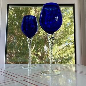 Set of 2 Cobalt Blue 11" Tall Twisted Stem Goblets, Vintage Wine Glasses